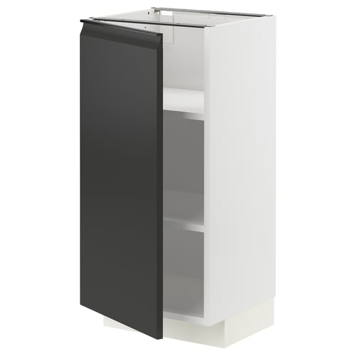Modern kitchen cabinet, METOD series, white & matte black, rectangular shape, sleek design with snap-on hinges, adjustable shelves.