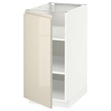 White & beige kitchen cabinet, sleek glossy finish, single door, adjustable shelves, integrated handles.