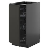 Black kitchen cabinet, modern design, with glossy doors and wire racks inside.