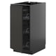 Black kitchen cabinet, modern design, with glossy doors and wire racks inside.