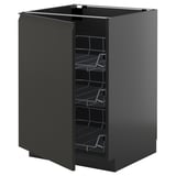 Modern black kitchen cabinet with pull-out wire racks, sleek design.