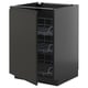 Modern black kitchen cabinet with pull-out wire racks, sleek design.