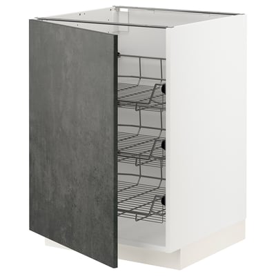A white ikea METOD kitchen cabinet with a dark grey concrete effect door, featuring three pull-out wire shelves.