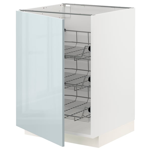 METOD kitchen cabinet with grey-blue high-gloss door and chrome wire baskets.