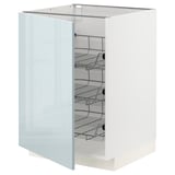 METOD kitchen cabinet with grey-blue high-gloss door and chrome wire baskets.