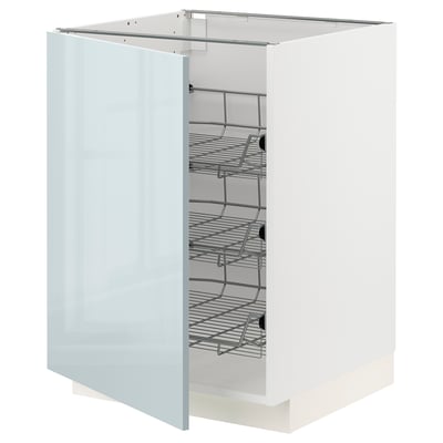 METOD kitchen cabinet with grey-blue high-gloss door and chrome wire baskets.