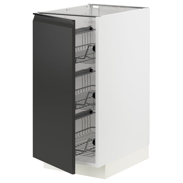 Modern kitchen cabinet, METOD, black, metal baskets, white and black, sleek, organized.