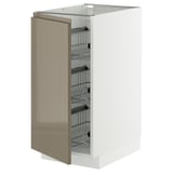 METOD kitchen cabinet in white with dark grey-brown glossy door, featuring multiple wire shelves inside.