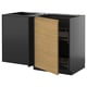 A modern kitchen cabinet set, featuring dark colored units with wooden doors. It includes a corner unit with pull-out shelves for efficient storage.