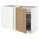 Modern kitchen unit, white and oak, open door revealing pull-out shelf.