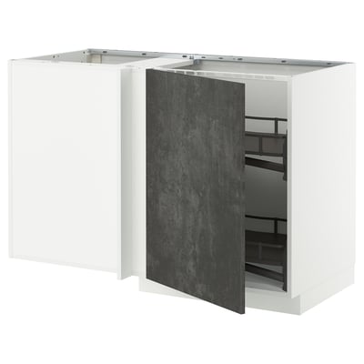 A white modern kitchen cabinet with a dark grey door, featuring a pull-out shelf for storage.