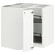 A white ikea METOD kitchen cabinet with open door revealing shelves.