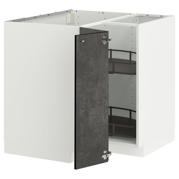 Modern kitchen unit, METOD. White cabinet with dark grey door, open showcasing shelves.