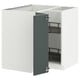 A modern grey-green kitchen cabinet with open door. Its part of the METOD system featuring a sturdy frame and adjustable shelves.