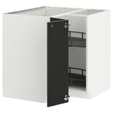 White u-shaped kitchen cabinet with black doors and shelves.