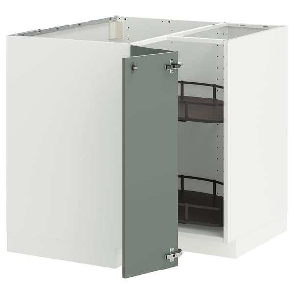 METOD kitchen cabinet set with grey-green doors, white frame, adjustable shelves, and 18mm thick particleboard.