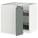 METOD kitchen cabinet set with grey-green doors, white frame, adjustable shelves, and 18mm thick particleboard.
