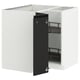 Modern off-white kitchen cabinet with black door, featuring pull-out shelves, metallic hinges.