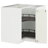White METOD kitchen cabinet with curved black shelves, hinges.