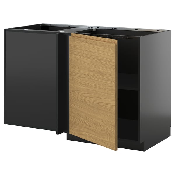 A modern kitchen corner unit with sleek black and wooden finishes, featuring a minimalist design with integrated handles.