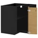 A black and oak ikea METOD kitchen unit with an open door.