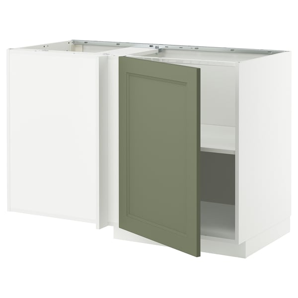 A METOD kitchen unit with grey-green axstad fronts, featuring a rectangular design with a green door open, revealing a dark shelf inside.