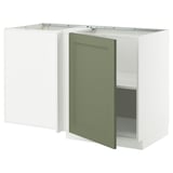 A METOD kitchen unit with grey-green axstad fronts, featuring a rectangular design with a green door open, revealing a dark shelf inside.