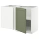 A METOD kitchen unit with grey-green axstad fronts, featuring a rectangular design with a green door open, revealing a dark shelf inside.