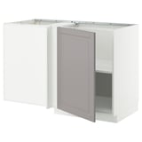 Ikea METOD white & grey kitchen cabinet with open door.