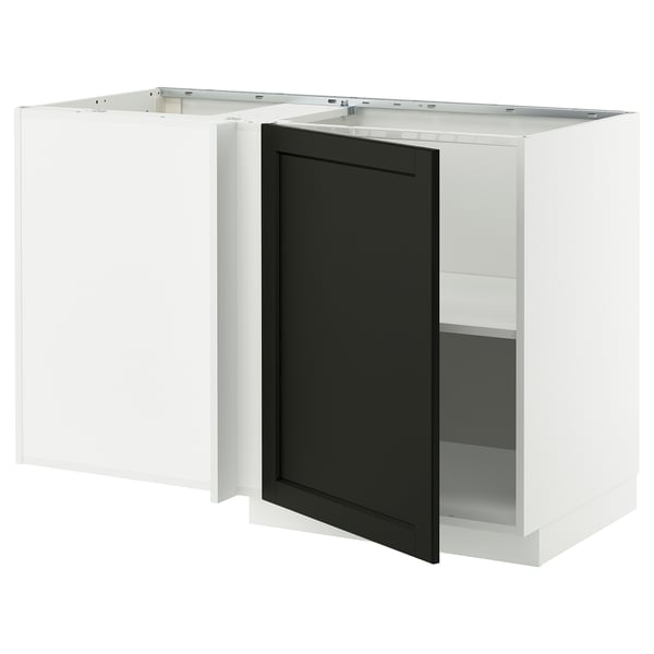 A white METOD kitchen cabinet with a black stained lerhyttan door. The cabinet has adjustable shelves and a modern design.