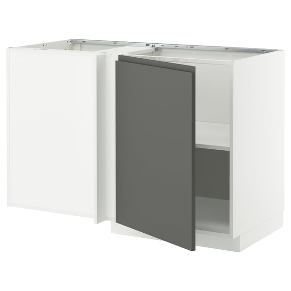 A white and grey modern kitchen cabinet with a sleek design. It a dark grey door, an adjustable shelf inside, and sturdy construction.