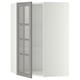 Open white METOD kitchen cabinet with grey bodbẙn glass door featuring beveled edges.