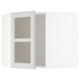 White METOD kitchen cabinet, light grey glass doors with beveled edges, adjustable shelves.