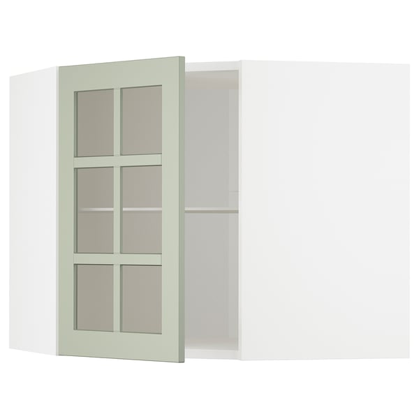 METOD kitchen in green with stensund glass doors. 6-paneled frosted glass in white frame. Adjustable shelves and versatile mounting.