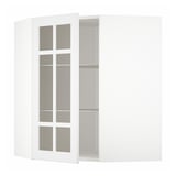 White corner cabinet with frosted glass doors showing empty shelves.