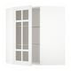White corner cabinet with frosted glass doors showing empty shelves.