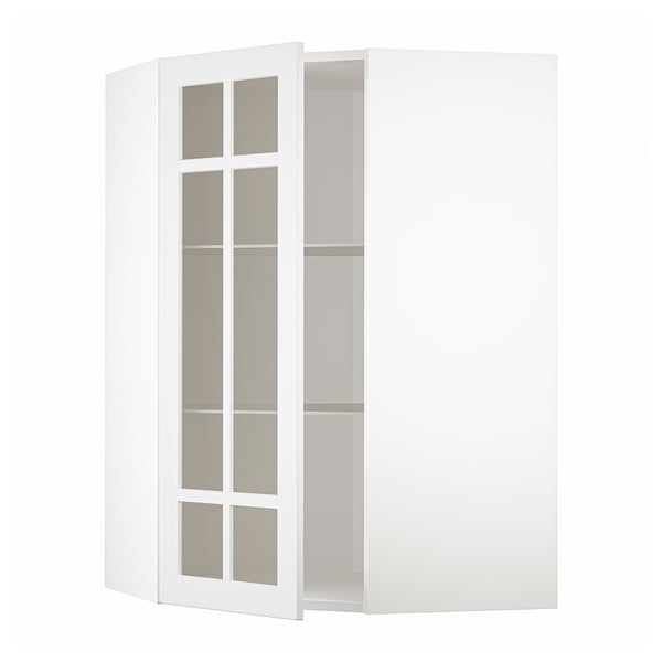 White corner kitchen cabinet with glass door and adjustable shelf.