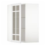 White corner kitchen cabinet with glass door and adjustable shelf.