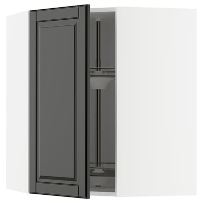 Modern black kitchen cabinet with a glass carousel insert.