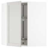 METOD kitchen cabinet in white with gray sides and glass carousel insert.