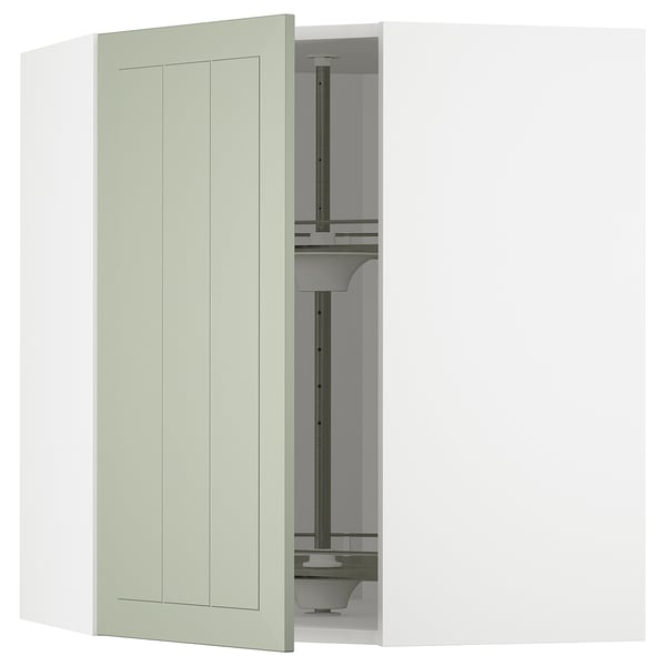 Ikea METOD kitchen cabinet in green with glass carousel.