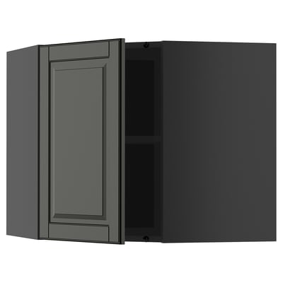 Dark gray kitchen cabinet with adjustable shelf, modern design.