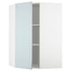 An open METOD corner wall cabinet in high-gloss grey-blue with adjustable shelves.