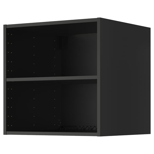 Black METOD kitchen top cabinet, sleek design, square shape, two shelves, ventilated.