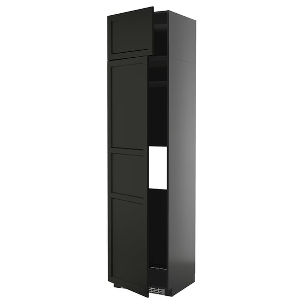 Black tall kitchen cabinet with adjustable shelves, modern design.