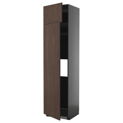 Modern kitchen cabinet, dark brown sinarp wood, tall with shelves.