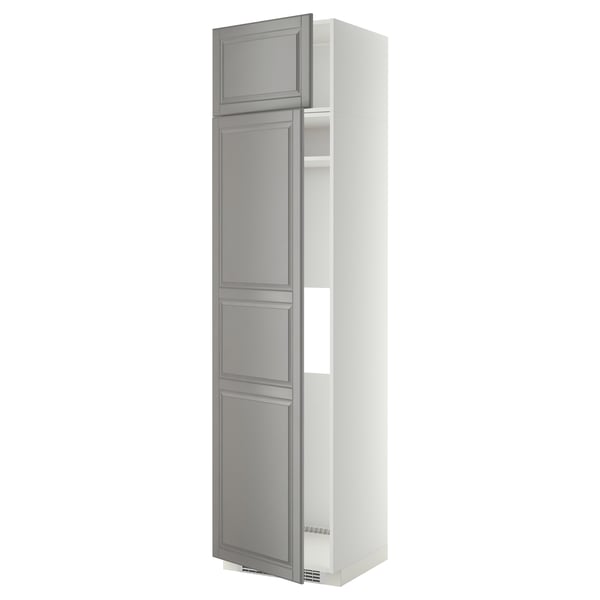 White and grey tall kitchen cabinet with three storage sections and adjustable shelves.
