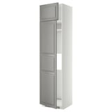 White and grey tall kitchen cabinet with three storage sections and adjustable shelves.
