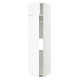 White kitchen cabinet, one door open showing adjustable shelves. Modern design, particleboard & melamine, great for organizing.