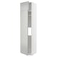 White tall storage cabinet, modern design with gray shelves.